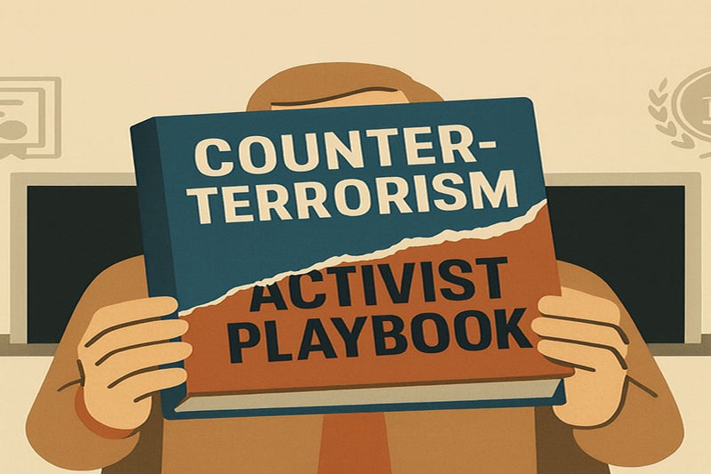 Illustration of a person holding a large book titled "Counter-Terrorism Activist Playbook," with bold text above reading "Teaching the Agenda Not the Facts." The image suggests political bias in counter-terrorism education.