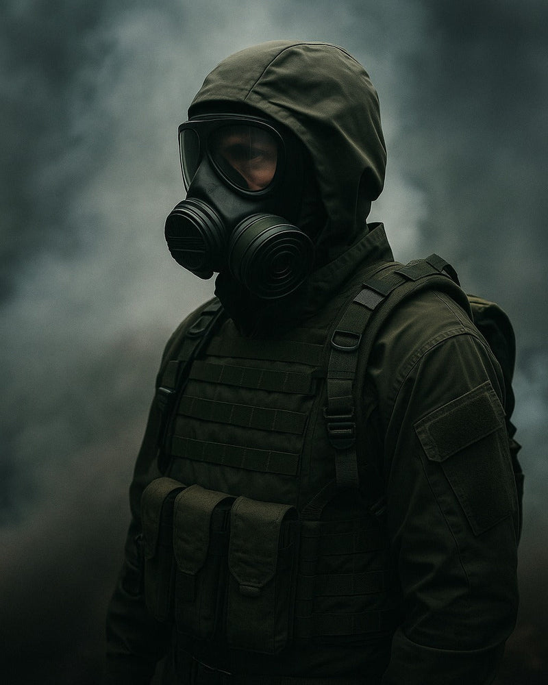 A soldier wearing a full hazmat suit, standing in a dimly lit environment, symbolizing preparation for chemical, biological, or radiological threats.
