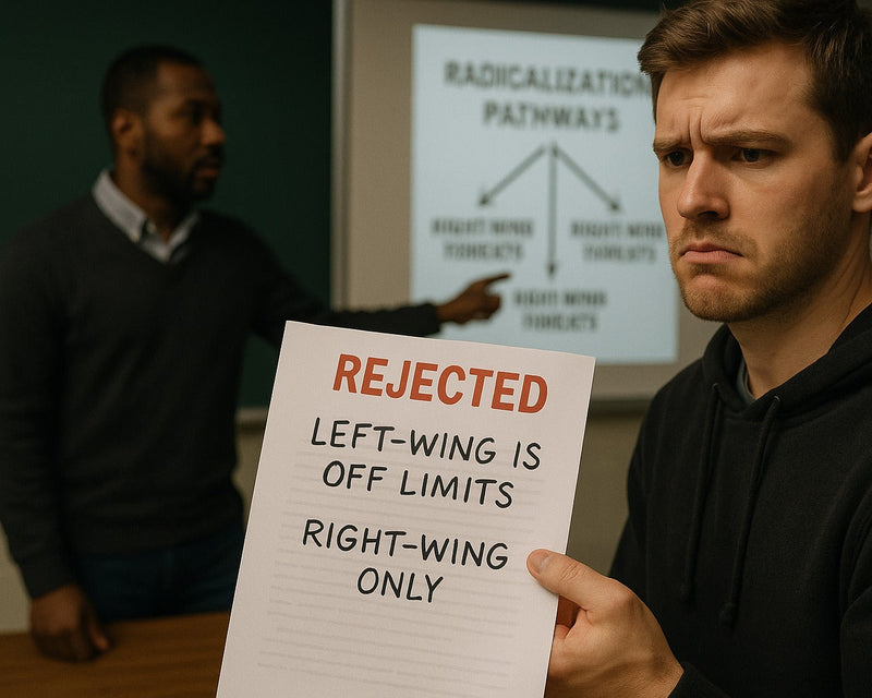 A White male student sits alone in a university classroom with a rejected paper in front of him.