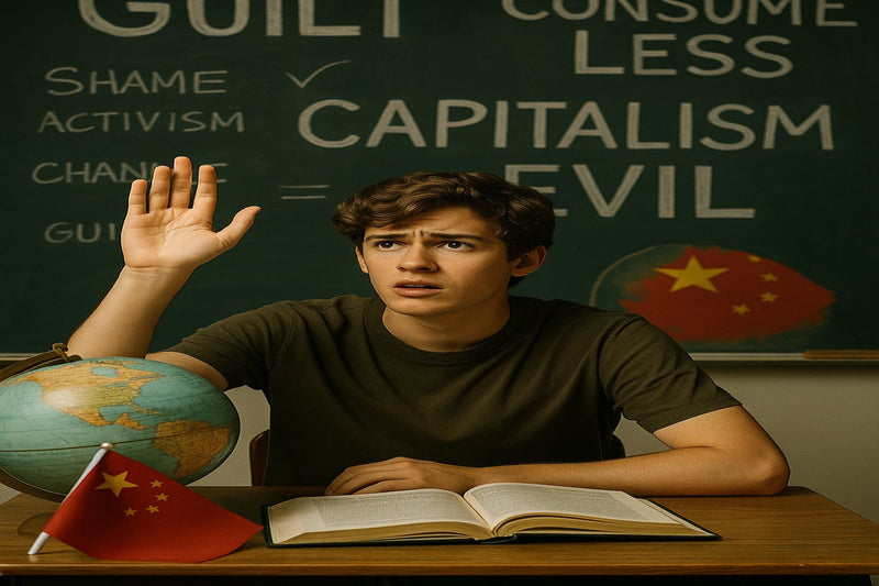 A frustrated male college student sits at his desk, surrounded by an environmental science textbook and propaganda messages  while a glowing image of China in the background remains untouched.