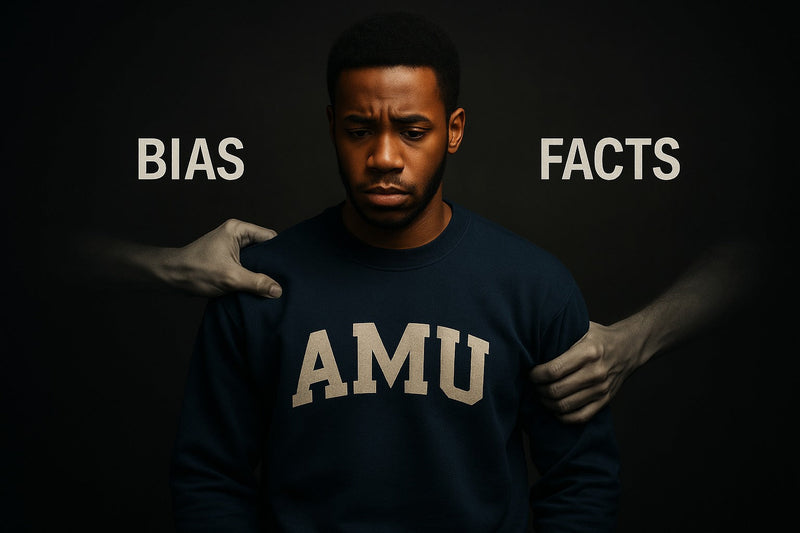 A serious-looking Black male student wearing an “AMU” shirt stands against a dark background. Two ghostly hands grip his shoulders. One from the left labeled “BIAS” and one from the right labeled “FACTS.” He appears conflicted, caught between the two.