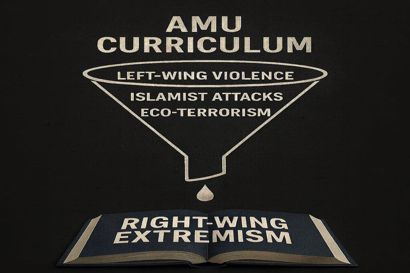 A graphic illustration shows a funnel labeled "AMU Curriculum" filtering out "Left-Wing Violence," "Islamist Attacks," and "Eco-Terrorism," with only a single drop emerging into an open book labeled "Right-Wing Extremism." 