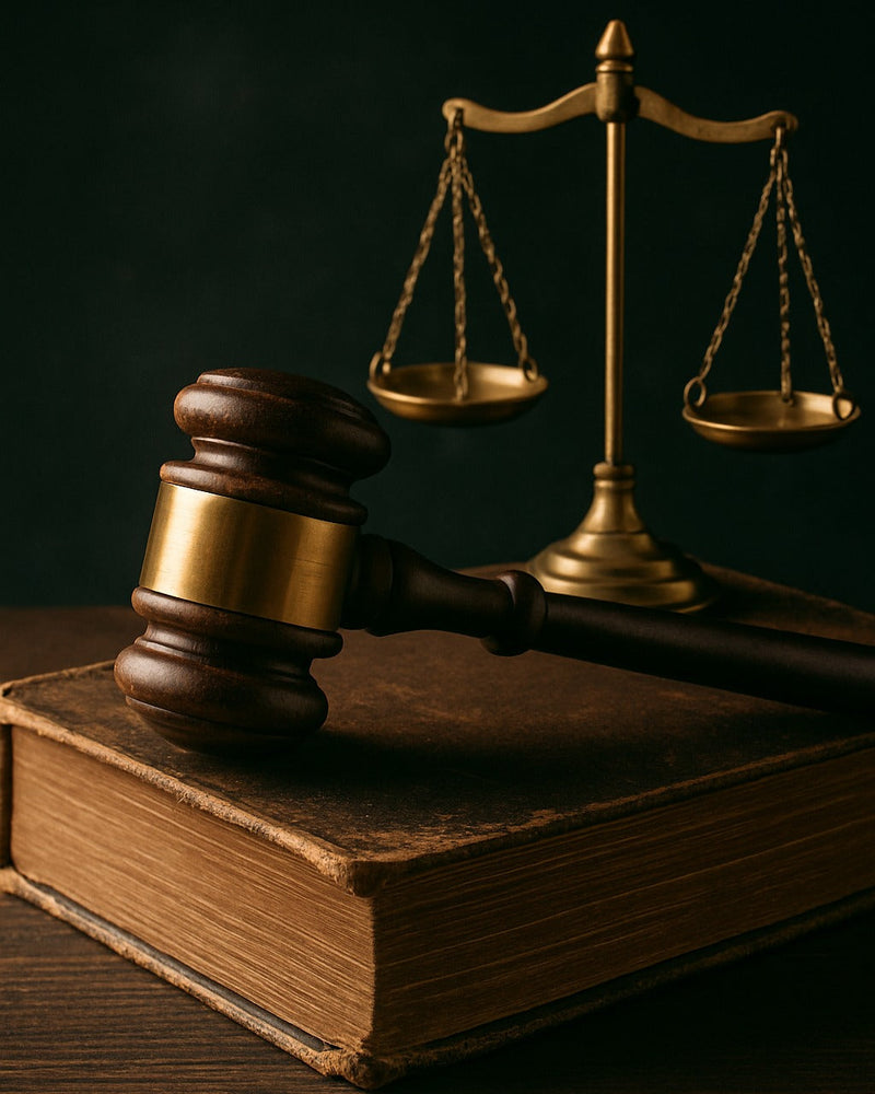 A wooden judge’s gavel resting on an old law book, symbolizing the legal and ethical focus of AMU’s course. The image suggests justice bound by outdated rules.
