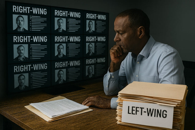 An African American intelligence analyst in a suit sits in a darkened control room, focused on a wall of monitors. All visible suspects labeled “right-wing” are white, while individuals labeled “left-wing” are absent from the screens.