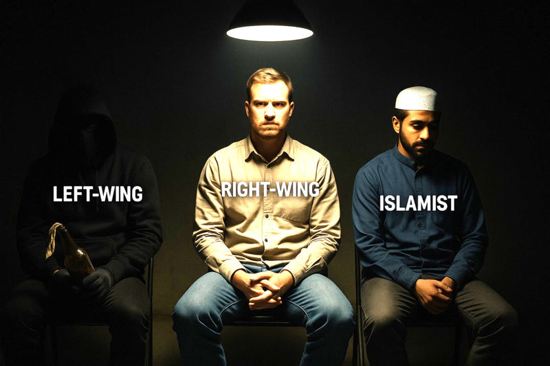Three men sit under a spotlight, each labeled by perceived threat type: a hooded man holding a Molotov cocktail labeled “LEFT-WING,” a white man in the center labeled “RIGHT-WING,” and a Muslim man in traditional clothing labeled “ISLAMIST.”