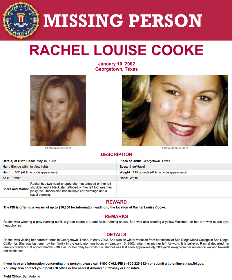 FBI missing person poster for Rachel Louise Cooke, who disappeared on January 10, 2002, in Georgetown, Texas. The flyer includes two photos of Rachel from 2002, a physical description, details about her last known whereabouts, and identifying marks such a
