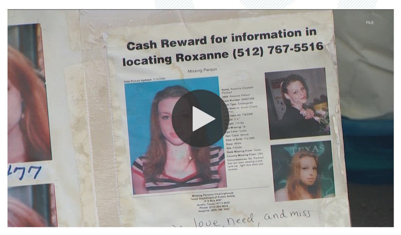 A missing person flyer for Roxanne Paltauf features multiple photographs of her and a cash reward for information about her disappearance. The flyer includes identifying details such as her height, weight, hair color, and last known location in Austin, Te