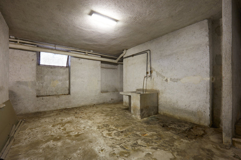 A dimly lit, aged basement with stained concrete floors, cracked walls, exposed pipes, and a worn utility sink. Image titled 'Shadows of the Bloodstained House' as seem from Candle Face Chronicles.