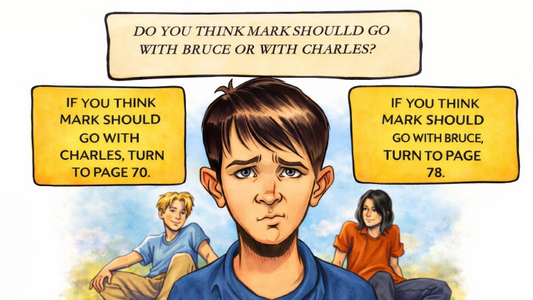 Comic strip with a boy making a decision between two other boys, with text boxes asking for a choice.