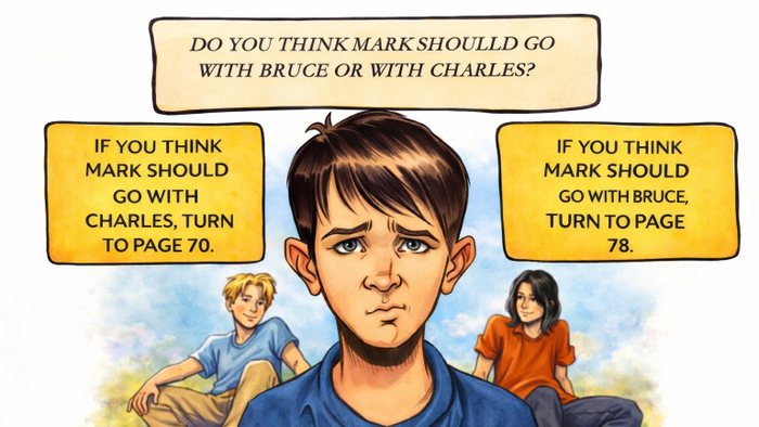 Comic strip with a boy making a decision between two other boys, with text boxes asking for a choice.