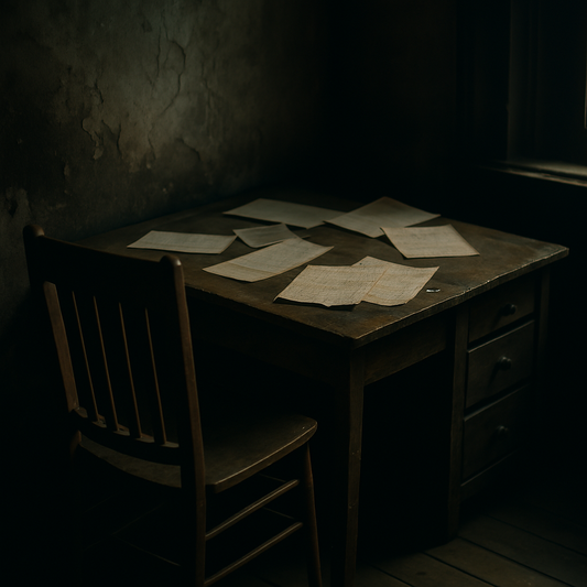 Mr. Smoe’s old wooden desk in a dimly lit room, scattered with aged papers and surrounded by shadows, symbolizing forgotten records and lost voices.