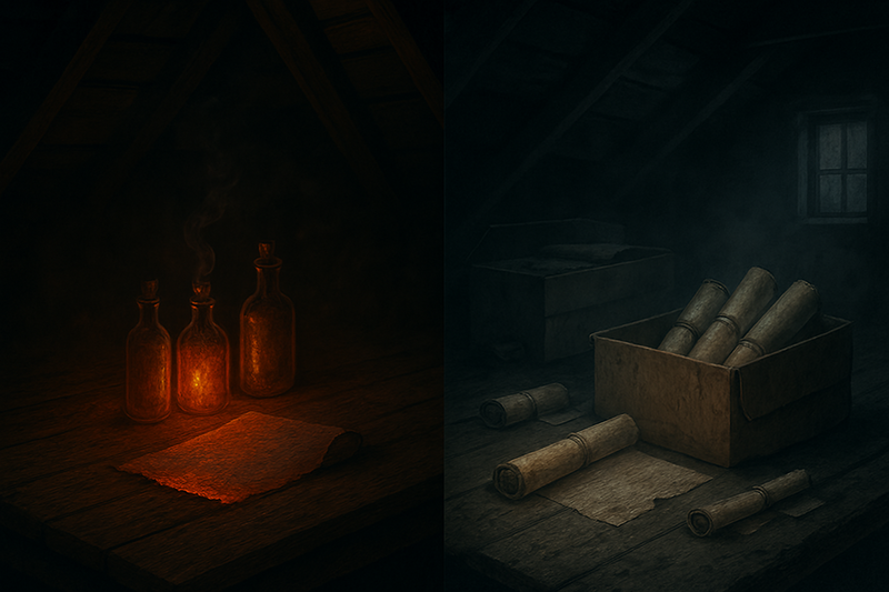 Split attic with glowing bottles and a scroll on one side, and dusty scrolls in worn boxes on the other, symbolizing the Fugitives and the Remembered.