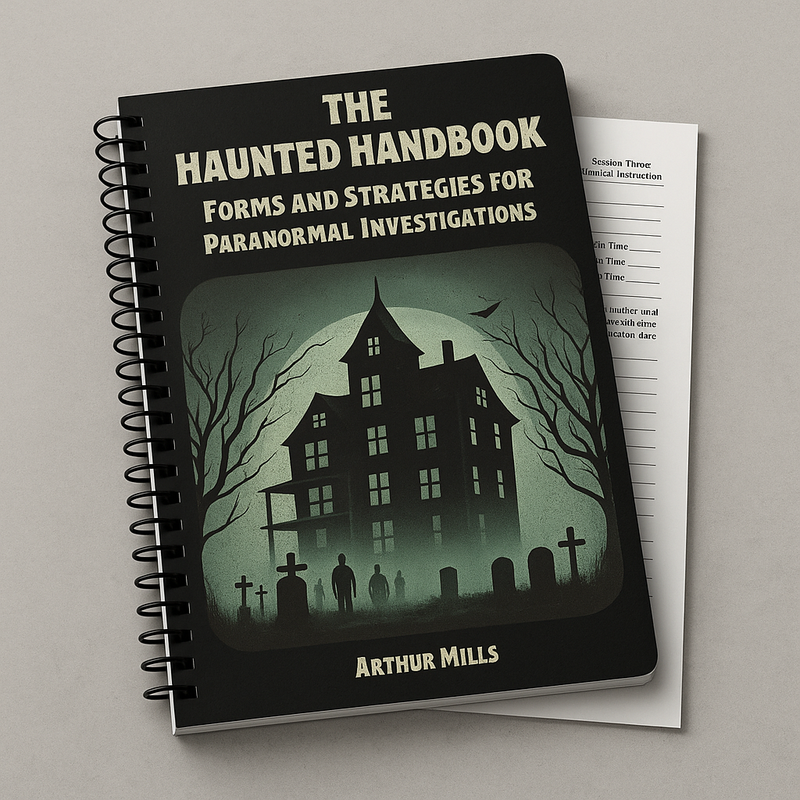 Cover of The Haunted Handbook by Arthur Mills, a paranormal investigation handbook with forms and strategies for ghost hunters and paranormal  investigators.