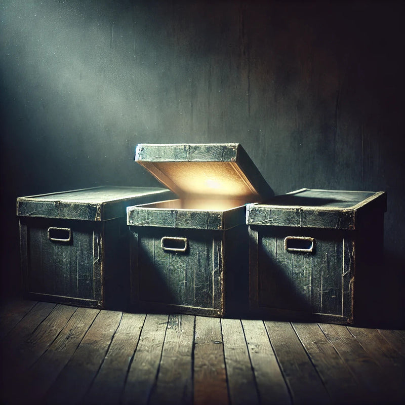 Three aged, dusty storage boxes sit on a dimly lit wooden floor, their weathered surfaces suggesting forgotten secrets. The center box is partially open, emitting a soft, ethereal glow from within. The scene evokes mystery and unease.