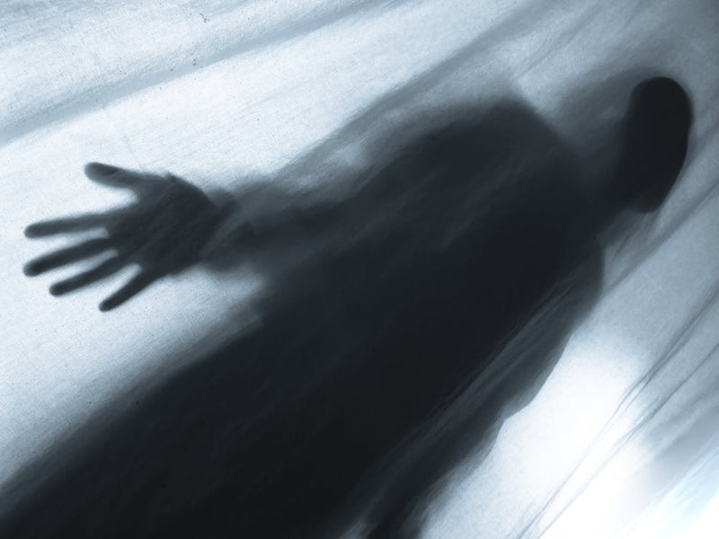 A shadowy figure presses against a translucent sheet, its outstretched hand reaching forward as if trapped between worlds. This image represents a moment from 'The Devil’s Mark,' capturing the lingering presence of Candle Face.