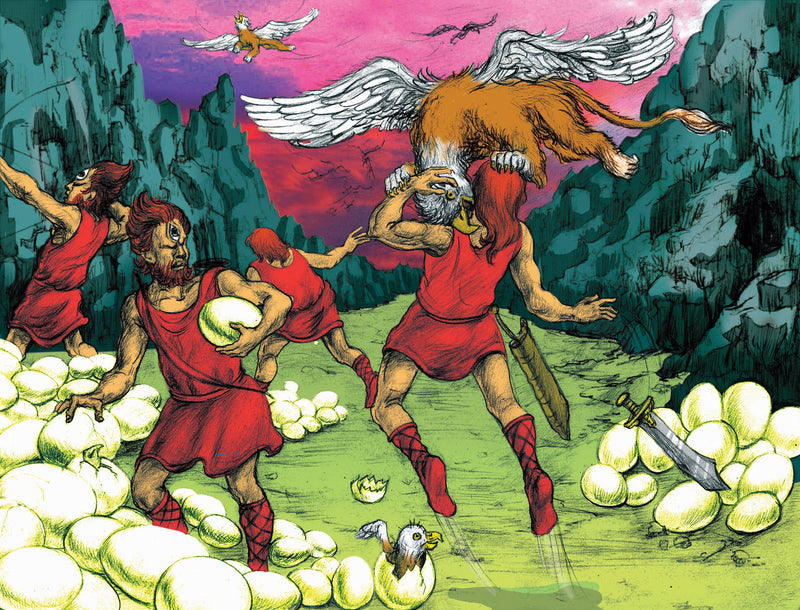 An illustration from The Empty Lot Next Door, depicting Ricky’s story of Griffin and his magical adventures, a world of cyclops warriors, griffins, and enchanted battles.