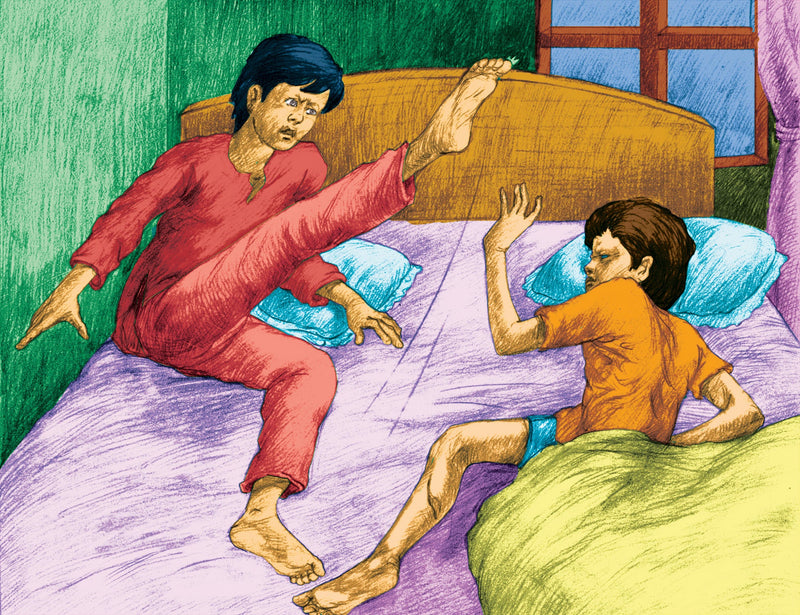 Illustration from The Empty Lot Next Door. Ray sharpens his toenails into saw-like blades to stop Ricky from stealing the sheets during the night.