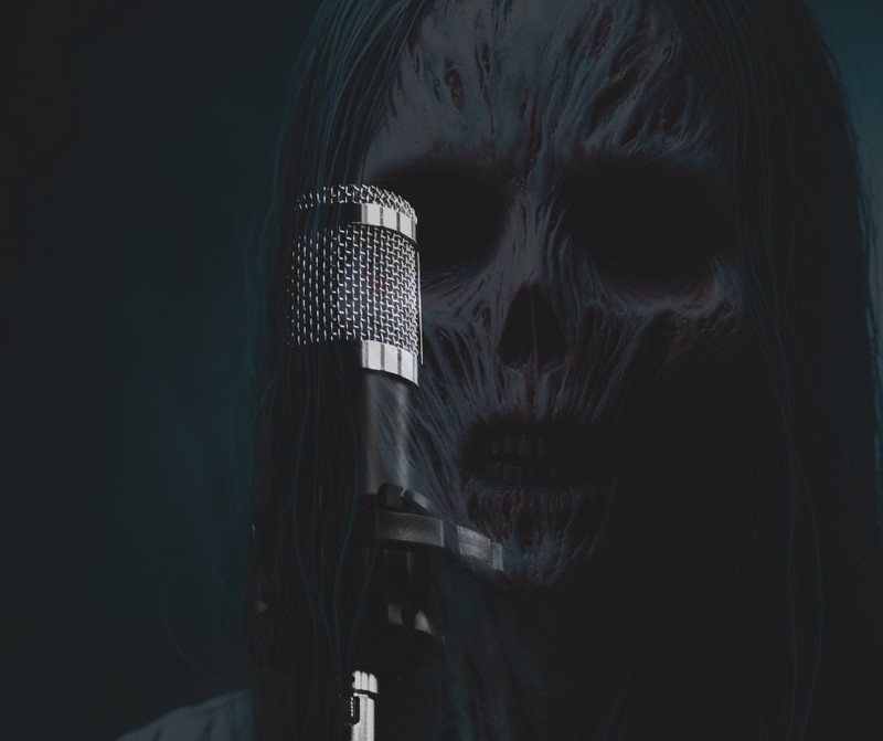 Candle Face, a haunting, shadowy figure with a charred, skeletal face speaks into a metallic microphone against a dark background. The image represents the audiobook release of The Empty Lot Next Door by Branching Plot Books.