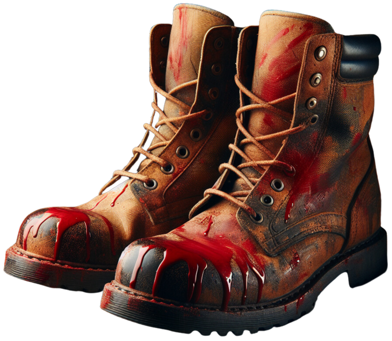A pair of rugged, blood-soaked work boots with crimson stains dripping from their steel-toe caps and leather surfaces. The haunting image, titled 'The Night I Became the Murderer,' is part of the Candle Face Chronicles by Branching Plot Books.