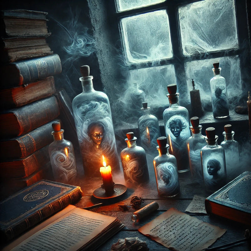 The Reckoning Approaches — Glass bottles containing trapped spirits surrounded by old books and scrolls. A candle burns dimly, casting haunting shadows. Associated with Candle Face Chronicles.