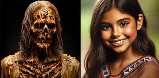 Isabel’s duality: Candle Face’s melted, charred form beside young, radiant Isabel in Aztec-style clothing.