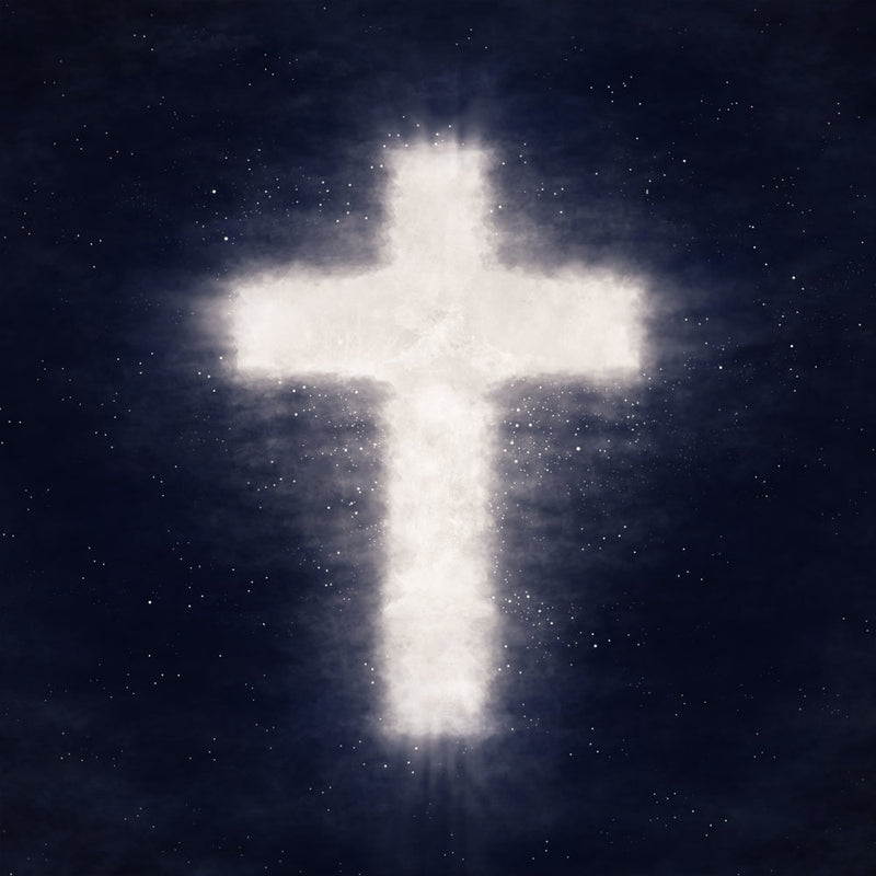 A glowing cross made of light, floating in a starry night sky. Image titled 'The Shattered Shepherd' from Candle Face Chronicles.