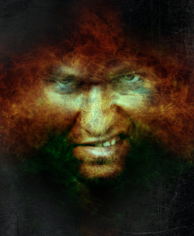 A smerking face emerges from swirling flames and shadows, with piercing eyes and a twisted grin. This image represents the haunting themes of the journal entry 'Vanishing in the Veil of Disbelief,' capturing the presence of an entity lost between fear and