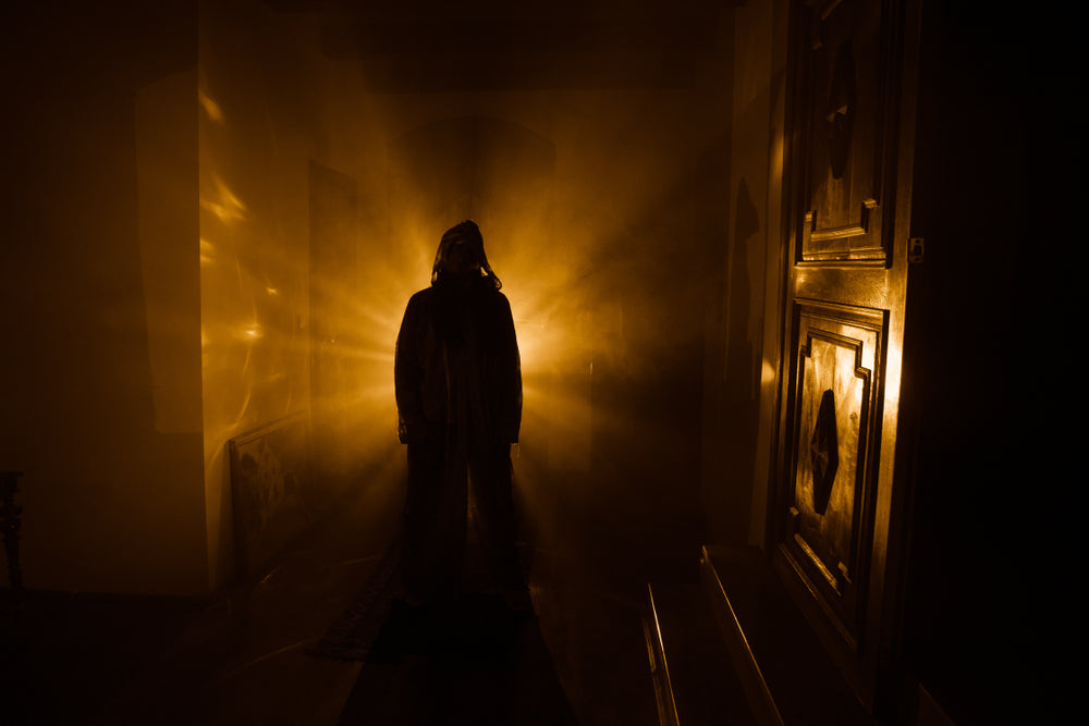 Silhouette of Candle Face stepping out of her glowing portal into a dark hallway. Candle Face Chronicles.