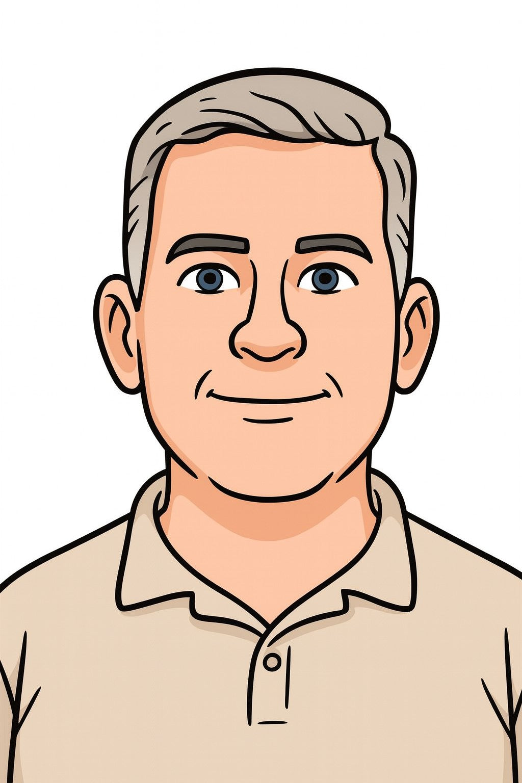 Cartoon portrait of Arthur Mills with gray hair, wearing a tan polo shirt.