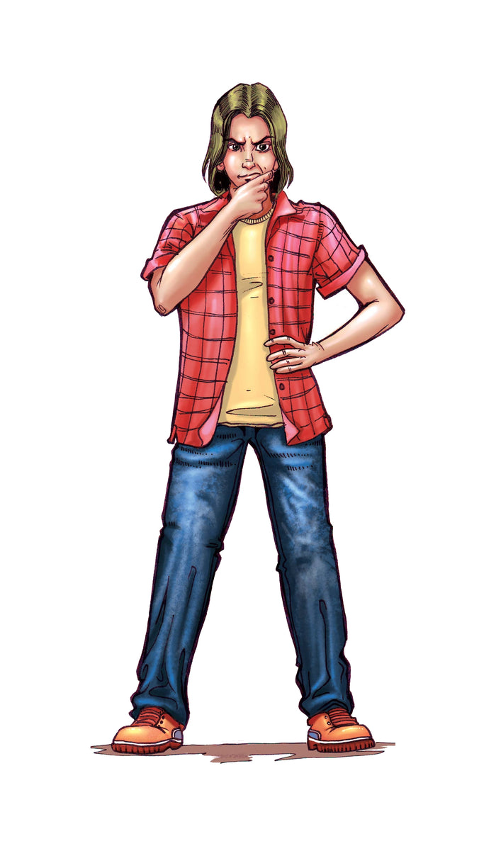 Bruce, a long-haired blond boy in a red plaid shirt and jeans, stands with hand on chin. The Crawl Space.