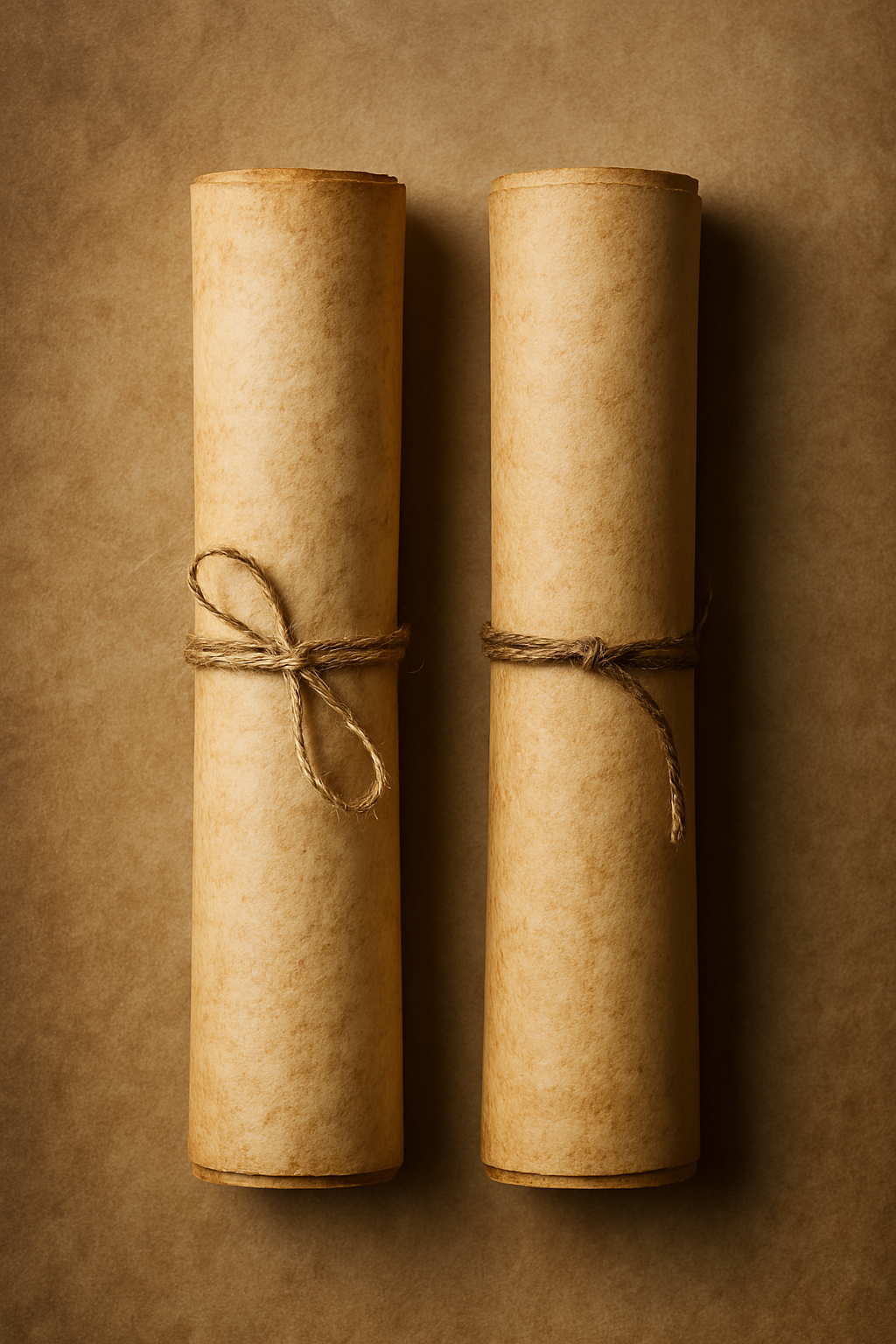 Two parchment scrolls tied with rough twine, displayed upright against a warm brown background. Each scroll represents a unique spirit from the Scrolls of Souls collection, sealed to preserve its voice and identity.