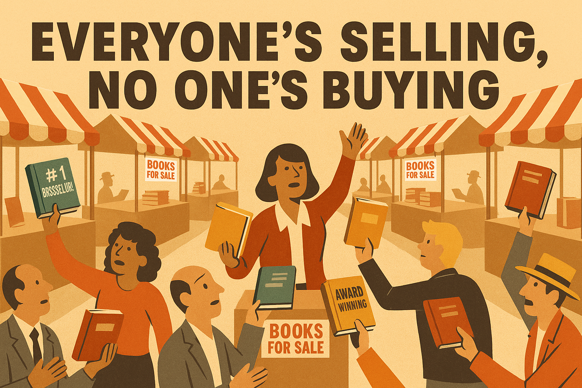 Illustration for "Misleading by Design" depicting a crowded book fair where multiple authors aggressively try to sell their books, waving titles labeled “#1 Bestseller,” “Award Winning,” and “Books for Sale.” Despite the hype, no buyers are present, symbolizing the oversaturated and self-promotional nature of modern publishing and marketing.