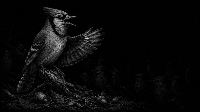 A monochrome black-and-white illustration of a blue jay perched on a branch against a very dark background, with one wing raised.