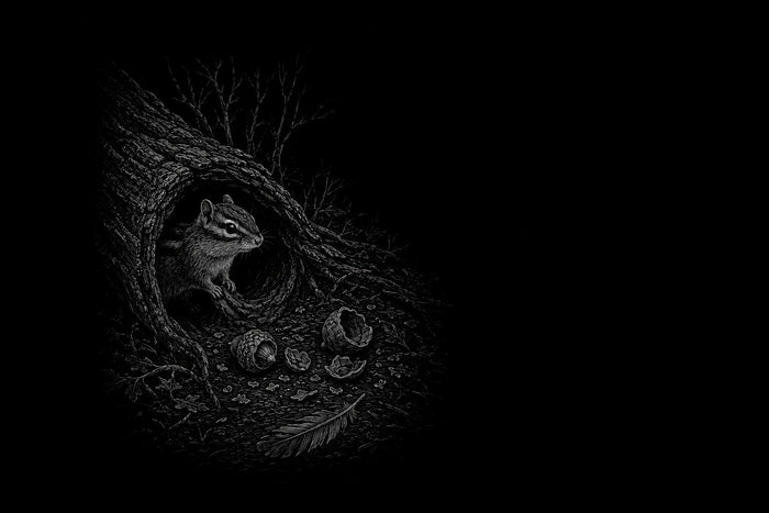 A dark, high-contrast black-and-white illustration of a chipmunk sitting inside a hollow tree trunk, with acorns and a feather on the forest floor, set against a mostly black background.
