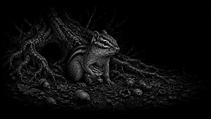 Black and white detailed illustration of a chipmunk sitting among tree roots and acorns on a dark forest floor.