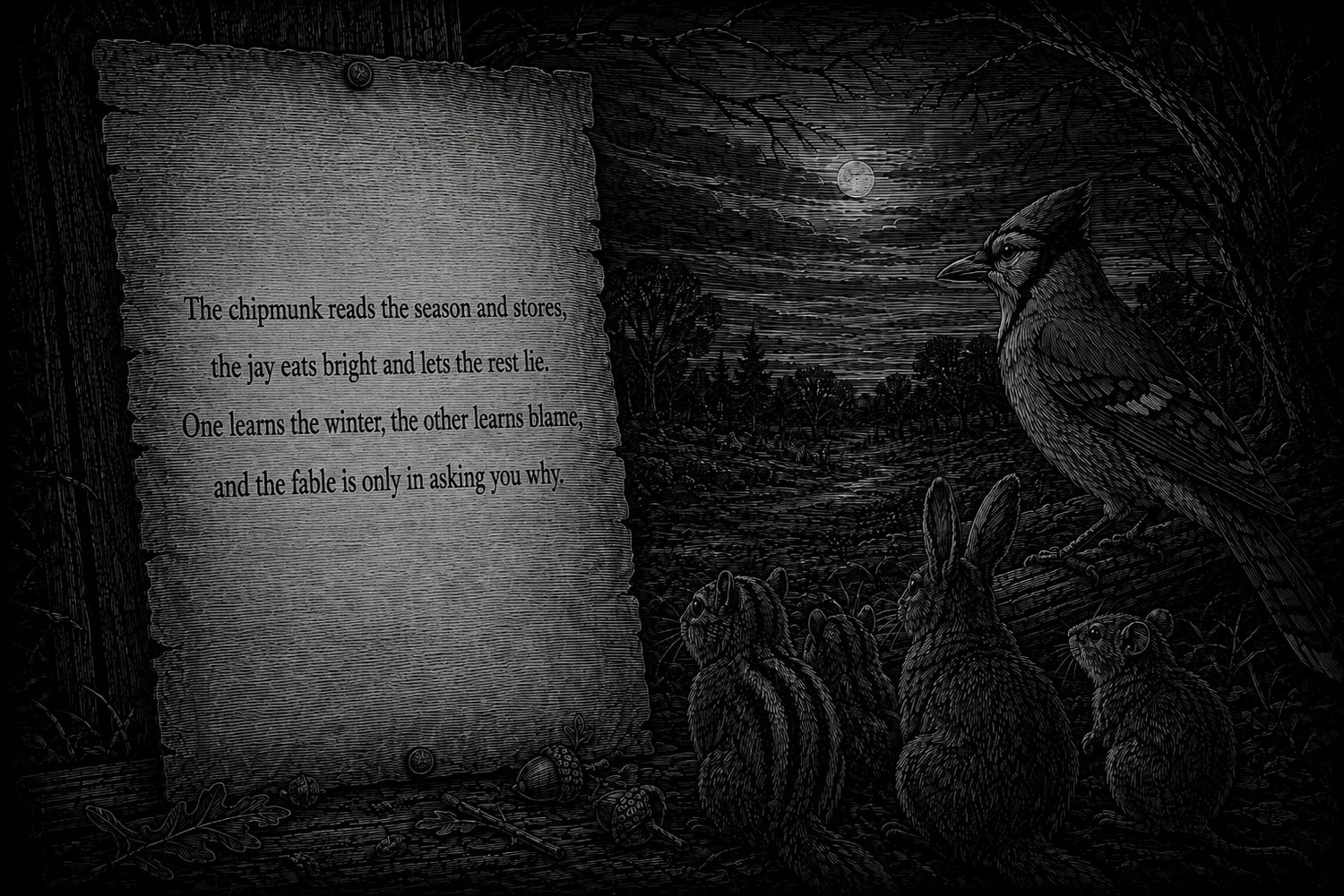A dark, monochrome illustrated scene showing a poem on parchment on the left and a blue jay, rabbits, and squirrels reading it on the right.