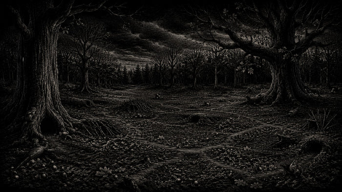 Dark moody forest scene artwork featuring two large gnarled trees in the foreground, bare branches overhead, and a shadowy wooded path under a cloudy black sky.