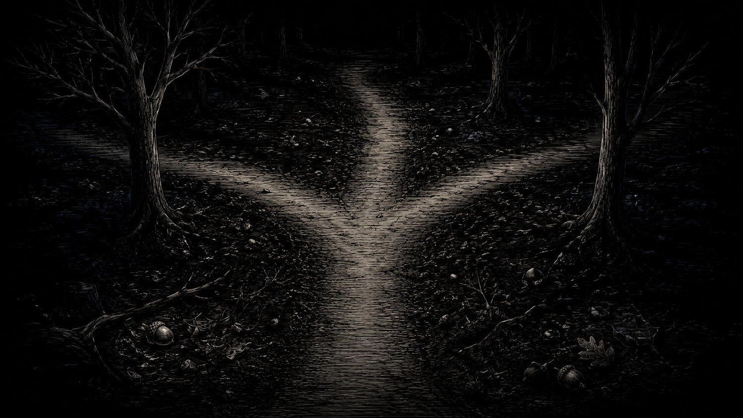 A dark, moody forest scene with a narrow path splitting into three directions, framed by bare trees on both sides.