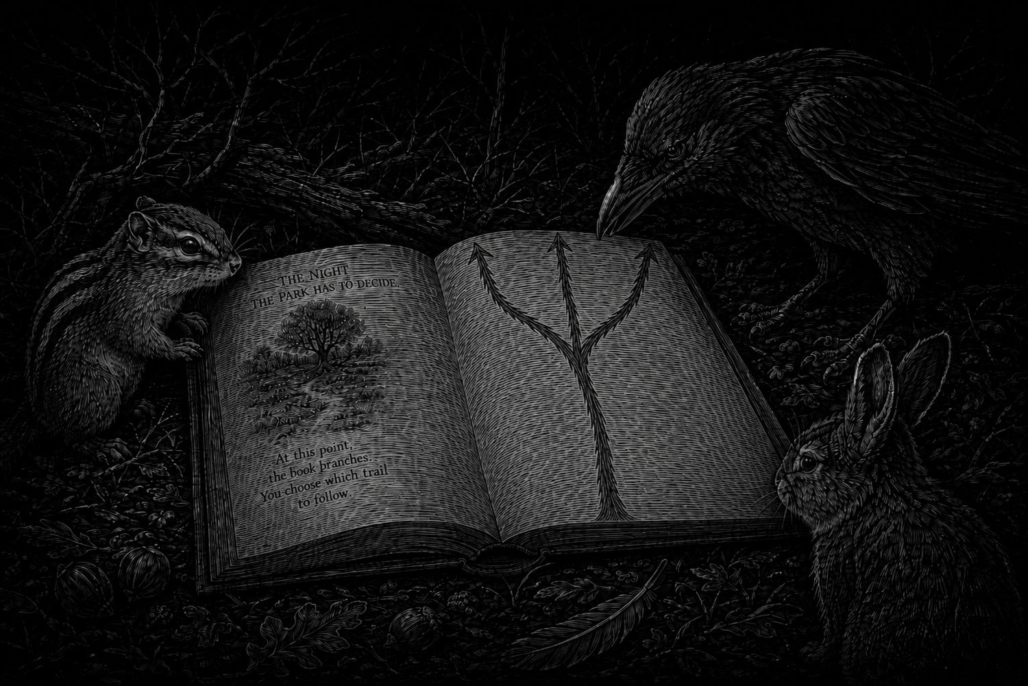 A dark, moody black-and-white illustration of an open book surrounded by a chipmunk, a raven, and a rabbit. The book pages show a large tree and three trails.