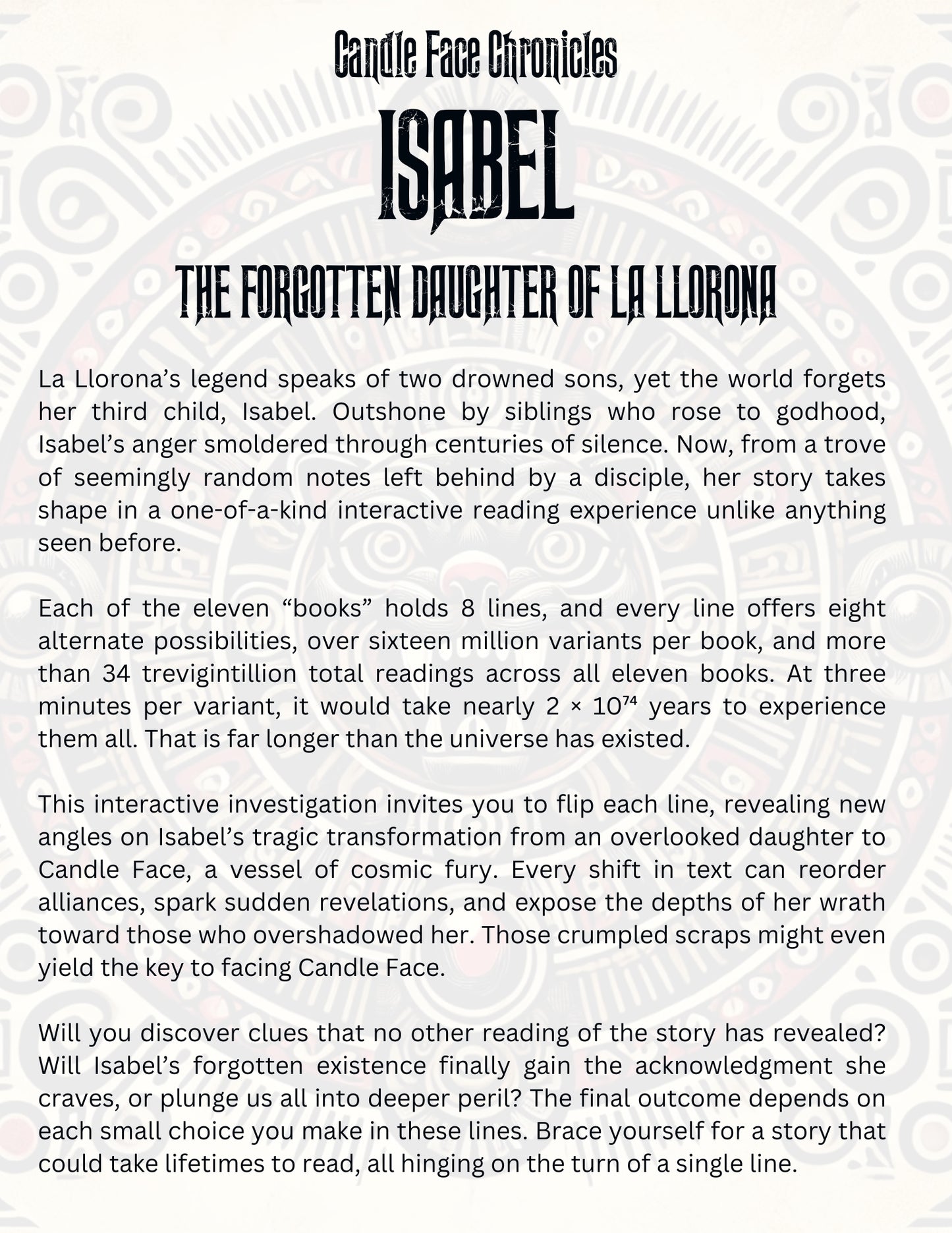 Back cover of Isabel: The Forgotten Daughter of La Llorona from Candle Face Chronicles. Describes Isabel’s lost history and the book’s interactive format.
