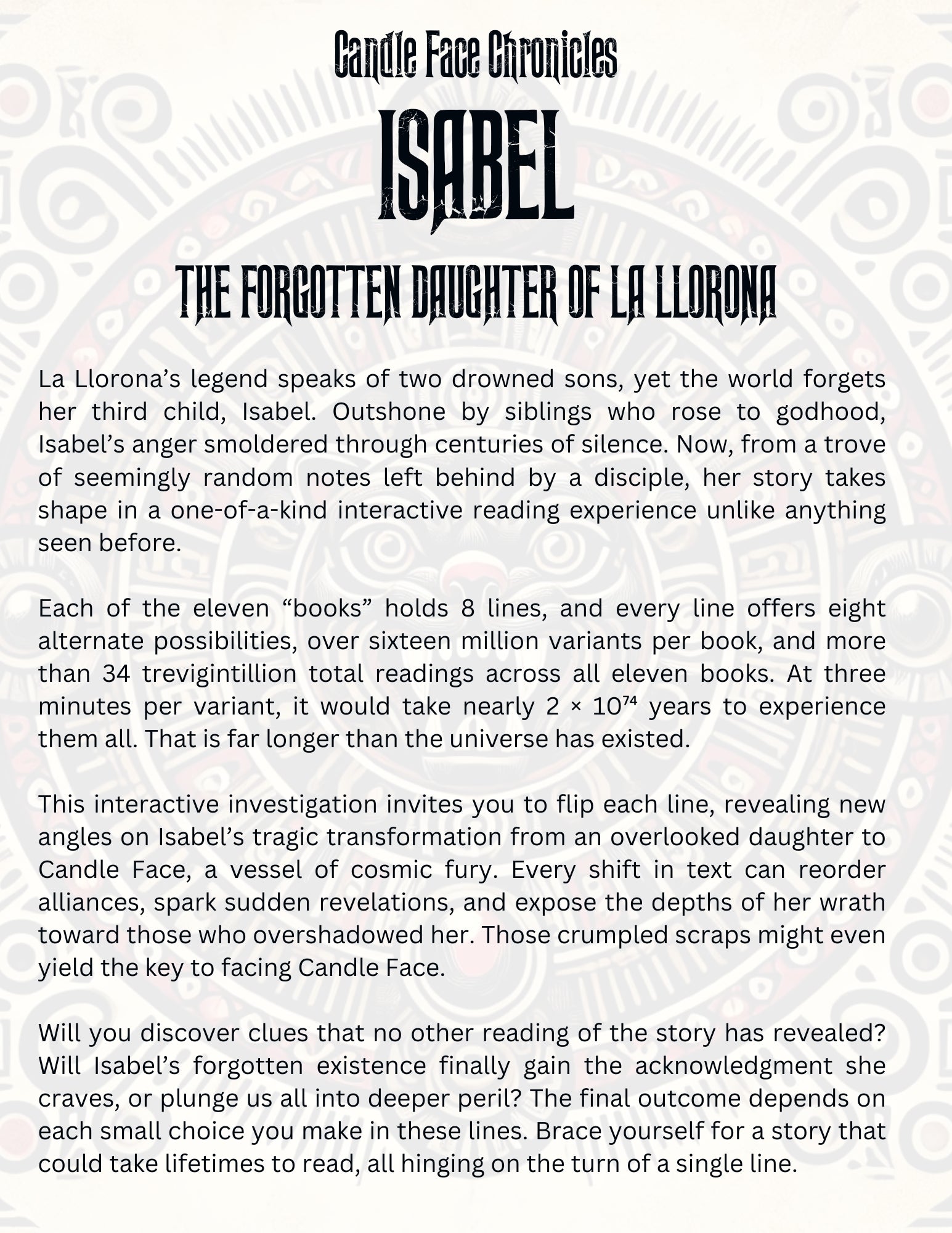 Back cover of Isabel: The Forgotten Daughter of La Llorona from Candle Face Chronicles. Describes Isabel’s lost history and the book’s interactive format.