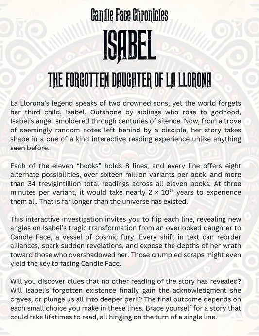 Front cover of Isabel: The Forgotten Daughter of La Llorona from Candle Face Chronicles. Features a ghostly La Llorona standing before a full moon, with Isabel sitting in the water, symbolizing her tragic past and lost identity.