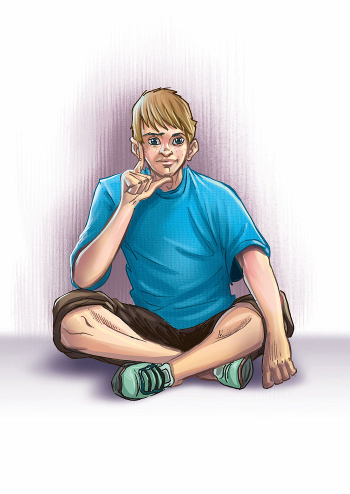 Mark, a blond boy in a blue shirt and green sneakers, sits cross-legged. The Crawl Space.