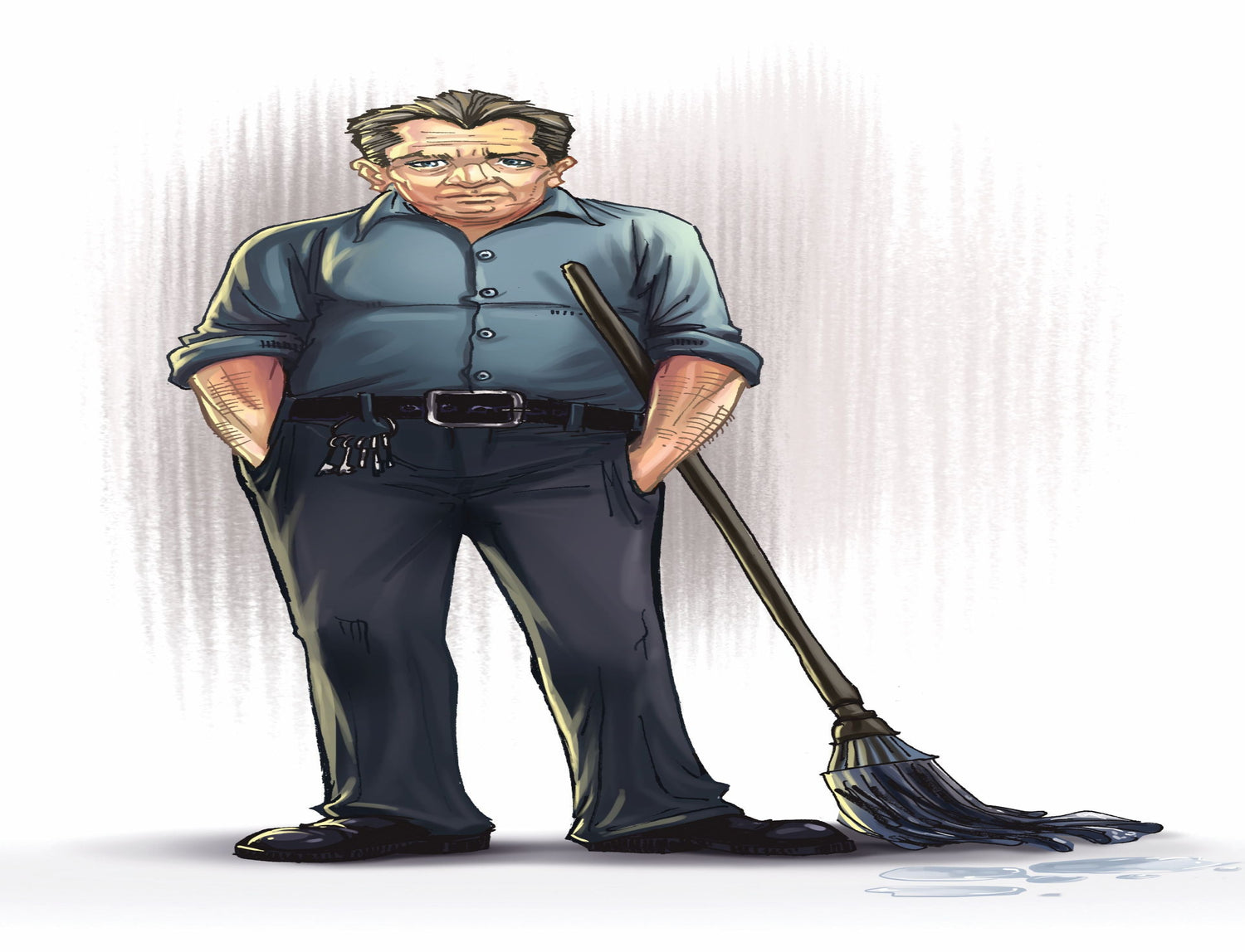 Mr. Tripper, the school janitor, stands holding a wet mop, keys on his belt. The Crawl Space.