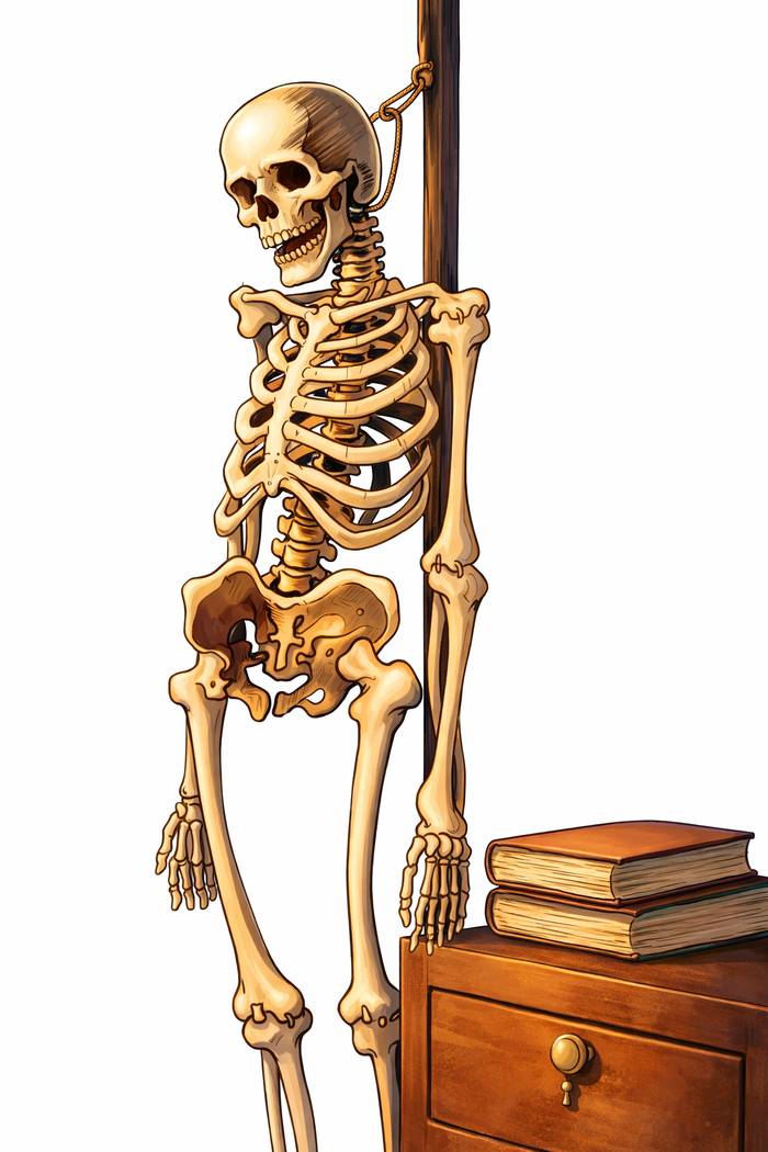 Skeleton hung by the neck from a beam, standing beside a dresser with two books. The Crawl Space.