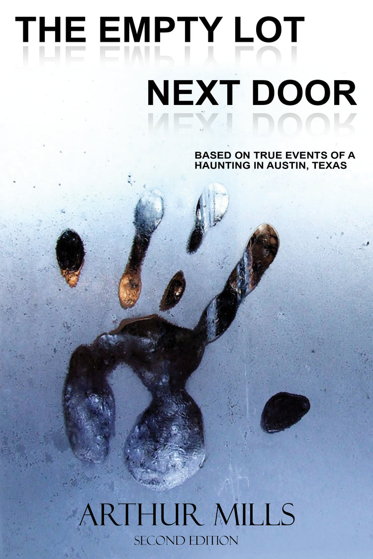 Book cover of 'The Empty Lot Next Door' by Arthur Mills with a handprint on a reflective surface.