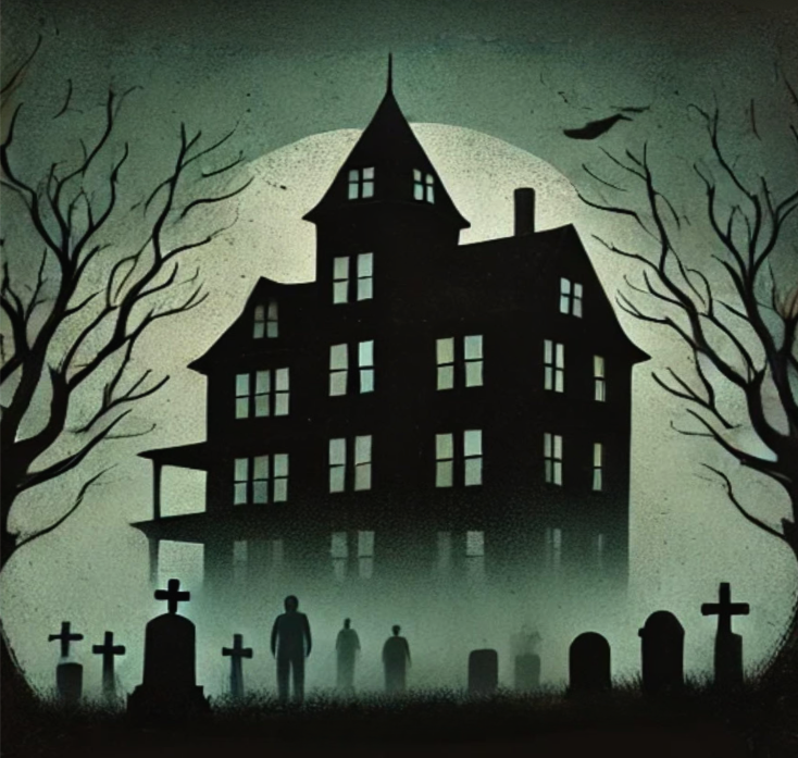 Haunted Victorian house behind a graveyard at night, ghostly figures among the headstones. The Haunted Handbook.