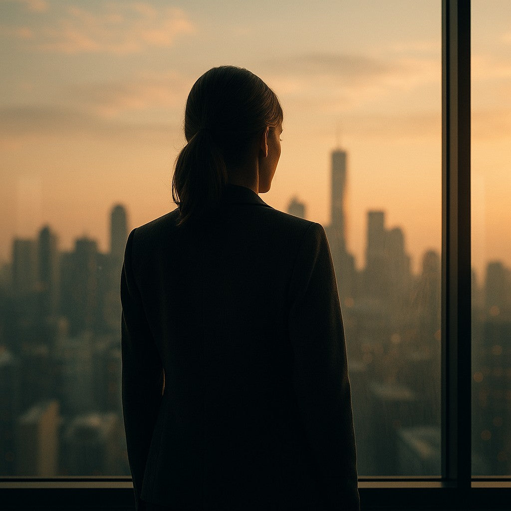 Mara Flores stands at a high window, ponytail and dark blazer, watching the city at dusk. The Legend of Mara Flores.