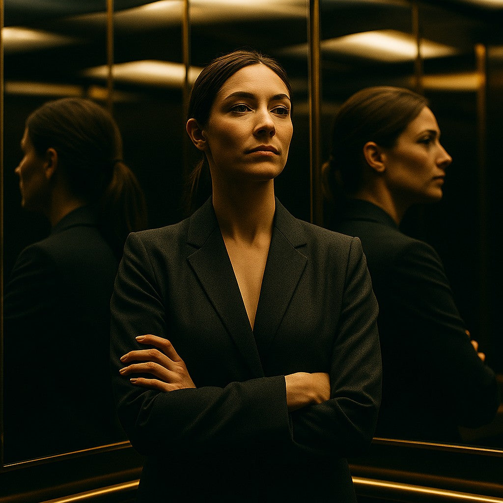 Mara Flores stands with arms crossed in a mirrored elevator, reflections on either side. The Legend of Mara Flores.