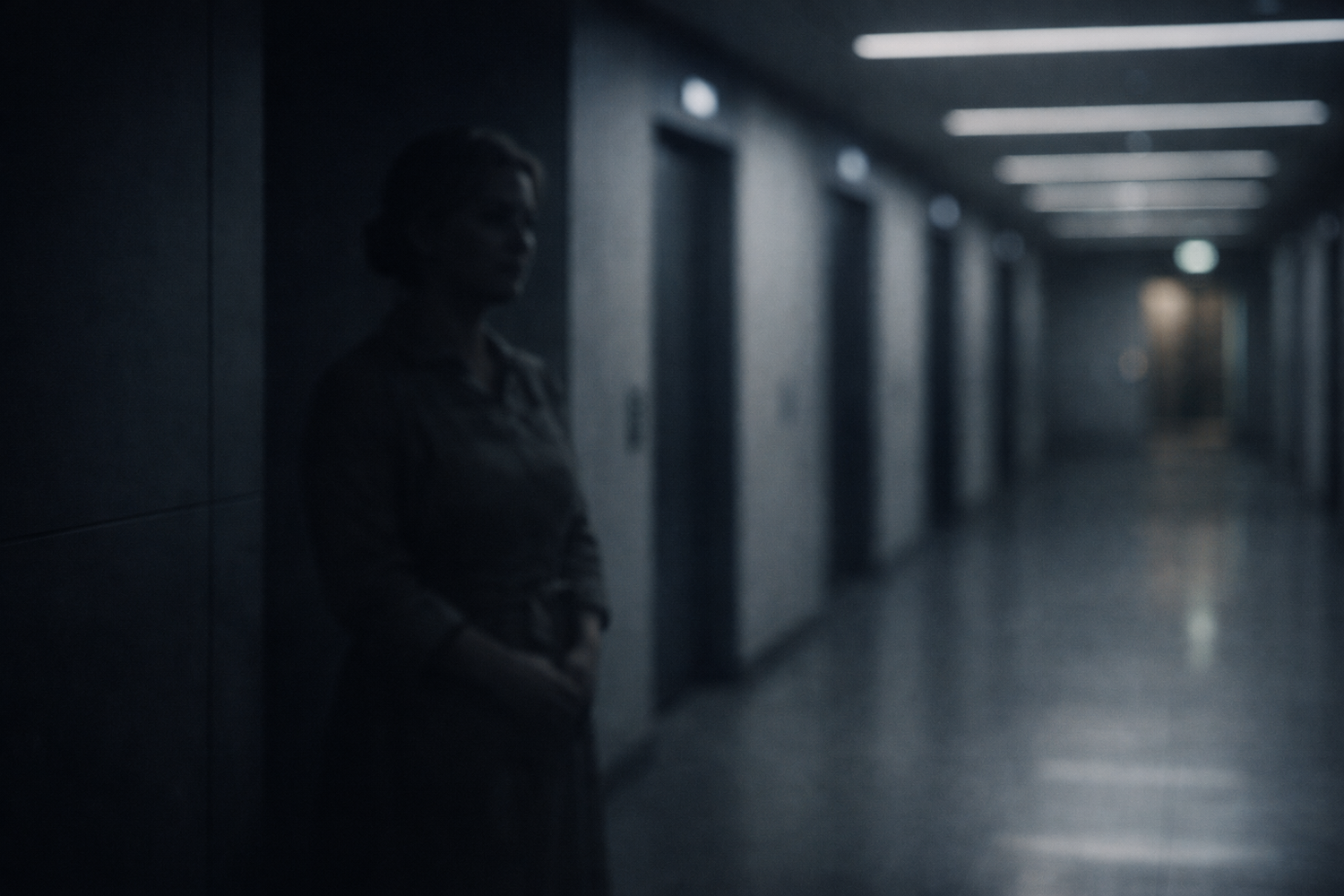Shadowy figure of Mara Flores against a wall in a dim corridor lined with doors. The Legend of Mara Flores.